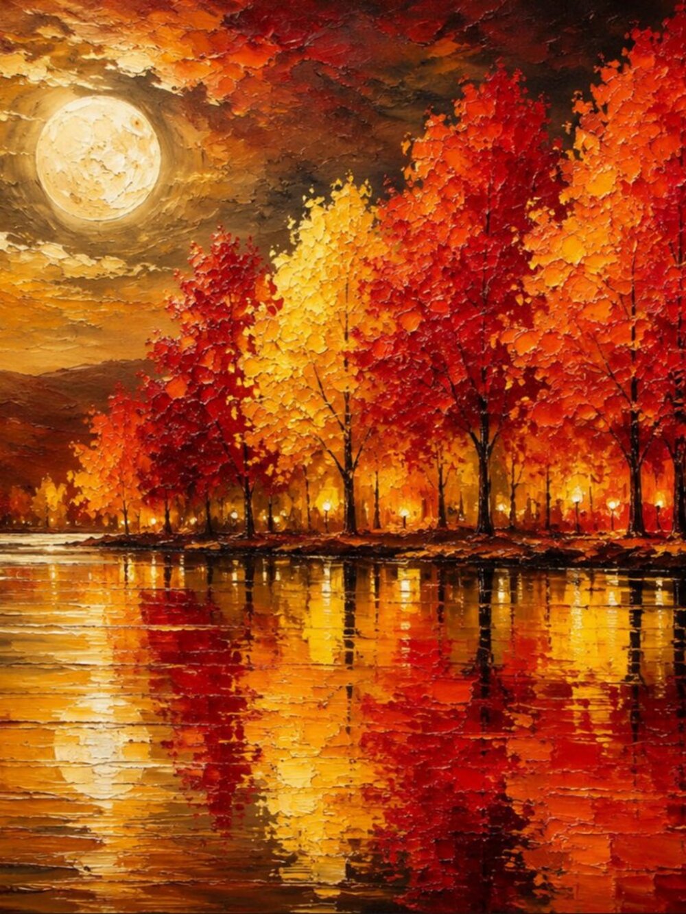 Crimson Moonrise Red & Gold Autumn Impasto Landscape Fine Art Print